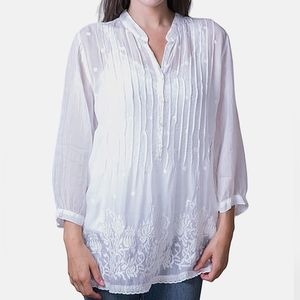 Johnny Was Ivory Semi Sheer Embroidered Floral White Pintuck Vine Blouse, sz XS